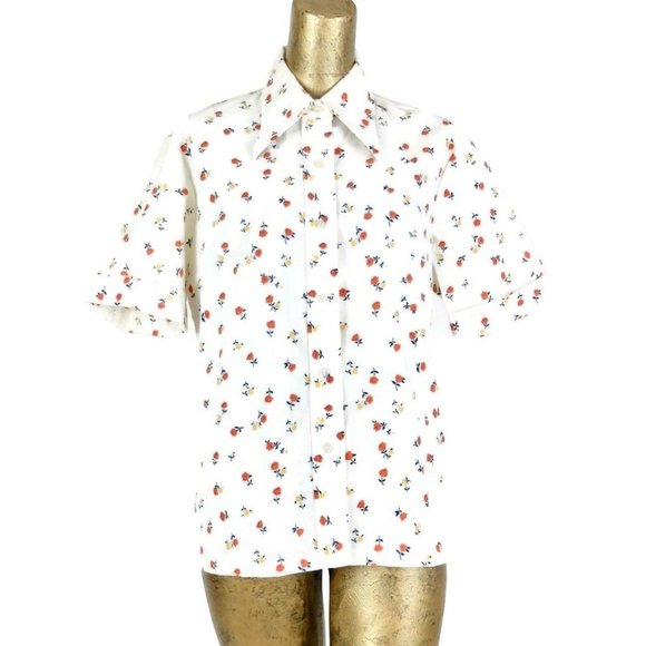 Vintage Tops - 70s Mod Bohemian Dagger Collar White Floral Shirt